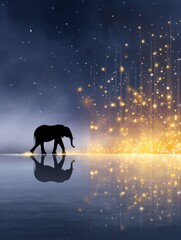 Dreamscape of an elephant traversing a starlit realm with a golden glow illuminating the night sky
