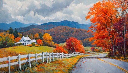 Obraz premium Scenic autumn landscape with winding road and white fence.