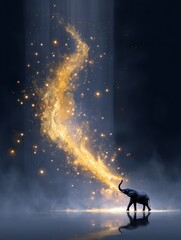 Elusive elephant dances through a dreamscape of golden stars and cosmic wonders under a surreal, ethereal sky