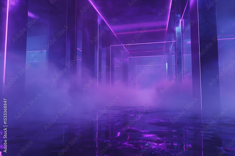 Poster digital rendering of neon-lit corridor with haze