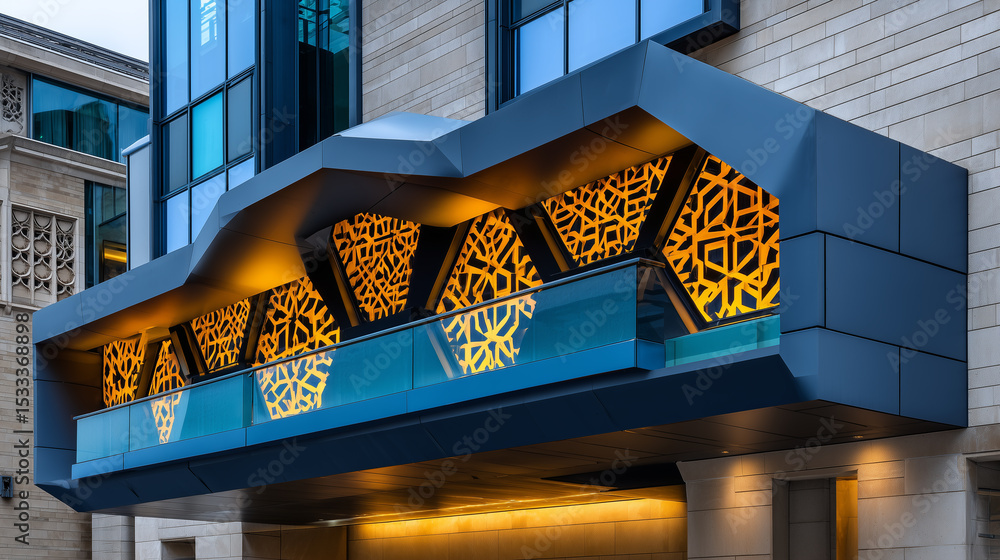 Aufkleber modern architecture facade with geometric pattern and glass railing in urban setting