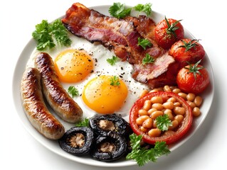 A full English breakfast with bacon, eggs, sausages, tomatoes, mushrooms, beans and parsley looks tasty.
