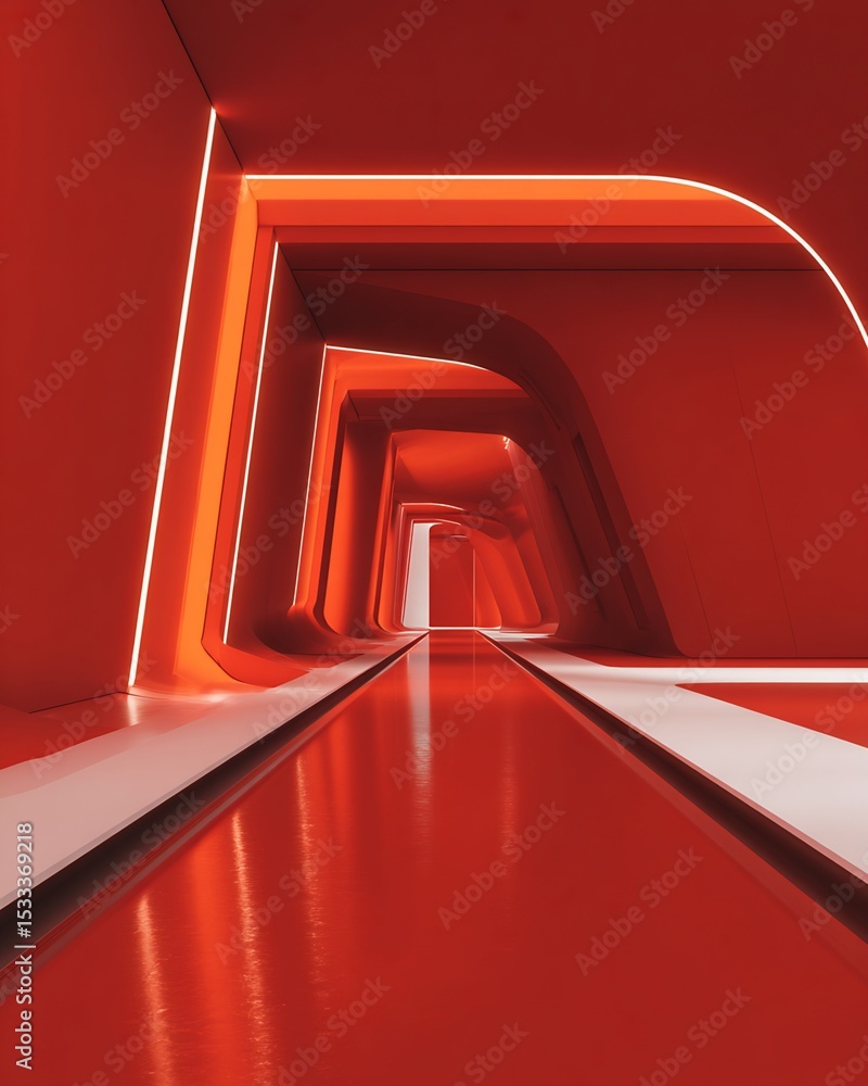 Poster digital rendering of red corridor with neon lighting