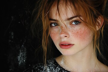 Natural beauty in close-up with details showcasing freckles and soft features set against a dark background