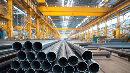 stacked metal steel pipes inside large industrial factory, long perspective with heavy machinery, factory workers in safety gear in background