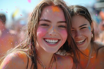 Joyful celebration of Holi with vibrant colors and laughter amidst a lively street fest