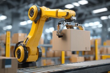 yellow industrial robotic arm lifting cardboard box in a modern smart warehouse, high-tech environment with automated packaging system