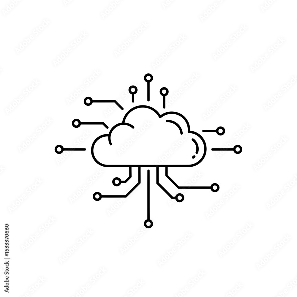 Aufkleber minimalist cloud computing concept: outlined digital network and data connectivity illustration for 