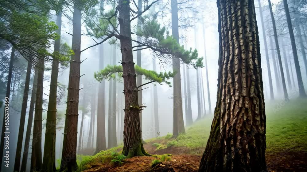 Poster pine tree bark in misty forest with moss, green undergrowth, and soft diffused light in the woodland