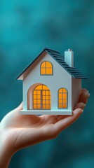 Hand holding a model house with glowing windows against a serene blue background in hyperrealistic style