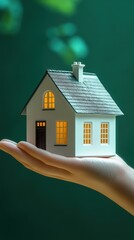 Hand presenting a hyperrealistic model house against a vibrant green background, showcasing architectural elegance and design creativity