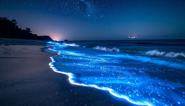 A mesmerizing view of a bioluminescent beach at night, where glowing waves illuminate the shore under a starlit sky.