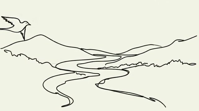 Mountain valley river line drawing