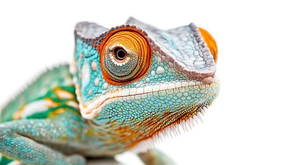 Close up of a veiled chameleon on white background