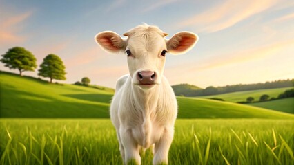 Fototapeta premium Cute white calf standing in a green meadow and looking at the camera.