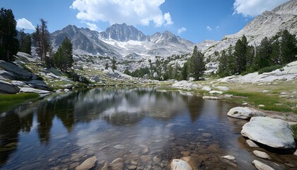Serene mountain lake nestled amongst granite peaks.