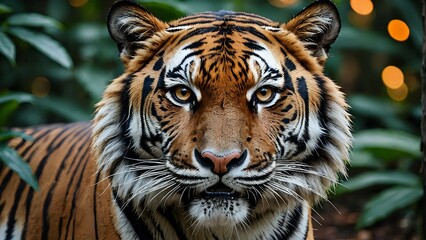 A close-up of a majestic tiger, its orange and black stripes striking against a dark background.