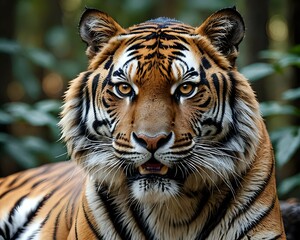 Obraz premium A close-up of a majestic tiger, its orange and black stripes striking against a dark background.