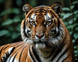 Fototapeta premium A close-up of a majestic tiger, its orange and black stripes striking against a dark background.