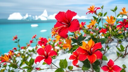 Fototapeta premium Tropical Flowers Blooming in Arctic Snow by the Ocean