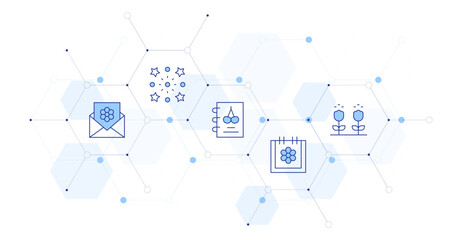 Spring Banner Vector Illustration with Icon Style in Between. Line Duotone icon. Containing. invitation, firework, spring notebook, calendar, pollination.. invitation, firework