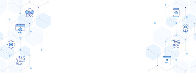 Spring Banner Vector Illustration with Two-sided Icon Style. Line Duotone icon. Containing. sakura, spring, flower, acacia, sprout, brooch