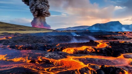 Spectacular volcanic landscape with flowing lava streams and billowing smoke under a cloudy sky near distant mountains - Powered by Adobe