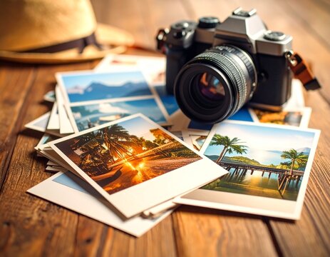 원목 테이블 위에 쌓여있는 여행 사진과 DSLR 카메라 Travel photos and DSLR camera piled on a wooden table