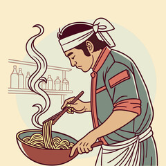 Asian chef with headband cooking noodles