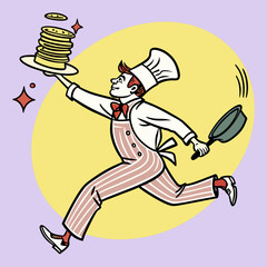 Chef flipping pancakes with frying pan, comic-style vector art