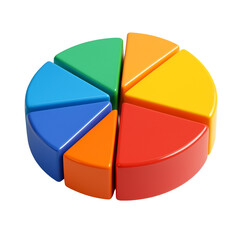 Obraz premium Glossy 3D pie chart icon with colorful segments, isometric view on clean background