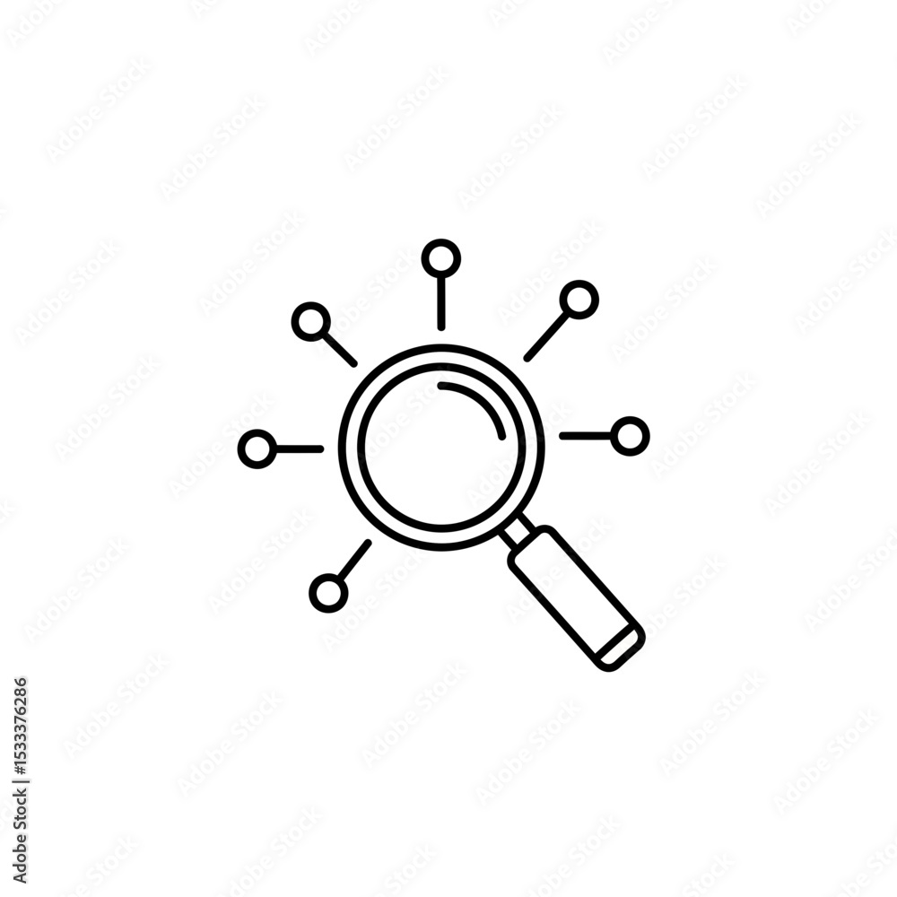 Poster magnifying glass analyzing network data, digital connection, line icon for search engine optimizatio