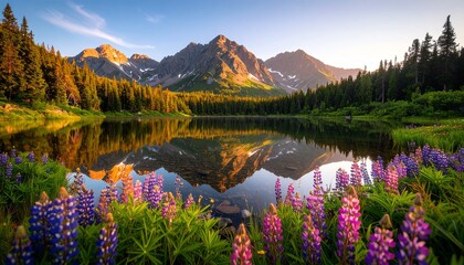 Stunning mountain landscape with vibrant flowers reflecting in a tranquil lake, capturing the essence of natural beauty.
