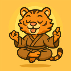 A funky cartoon tiger floating in a lotus position, meditating peacefully with a glowing aura, wearing a monk-style kung fu robe. One paw does a tiny kung fu chop. Simple solid background.