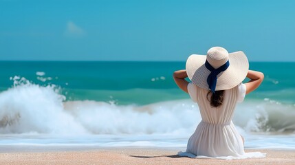 Woman in white dress and wide-brimmed sun hat relaxing on tropical beach facing ocean waves under clear blue sky