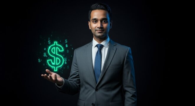 Businessman in suit holding digital dollar symbol, futuristic financial technology light - Powered by Adobe