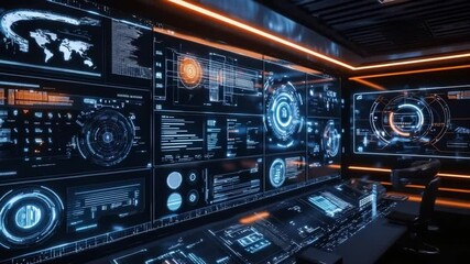 Futuristic Control Room with Digital Interface, Displays, and Data Visualization - Powered by Adobe