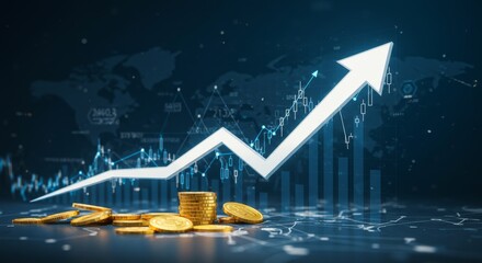 Digital arrow going up on stock market chart, coins and abstract UI