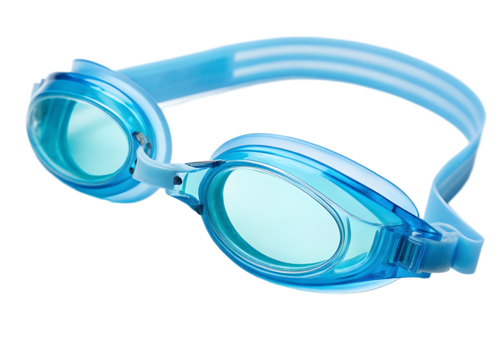 A close up shot of light blue swimming goggles with a transparent lens on a black background