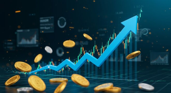 Digital arrow going up on stock market chart, coins and abstract UI