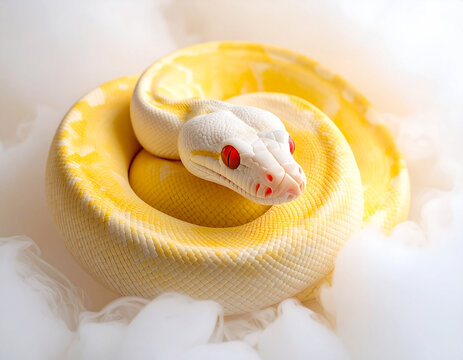 Yellow and White Albino Python Snake Coiled on Soft White Surface