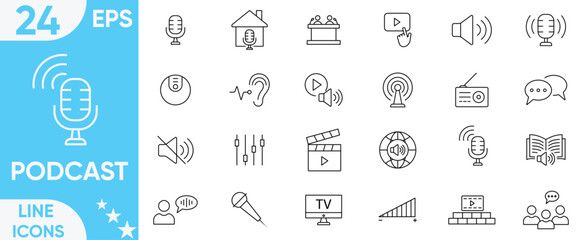 Podcast icon set.audio, microphone, record, podcasting, broadcasting, internet conference, chat, Interview and more.Vector and illustrator set.