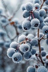 Macro photo of Saskatoon berries covered in frost on a bush in snowy background, soft white and blue tones, winter wonderland theme.