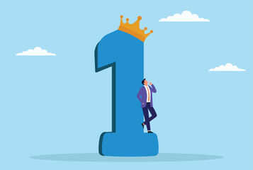Vector illustration of a worried businessman standing beneath a first place award and crown, symbolizing the pressure and anxiety of achieving top success