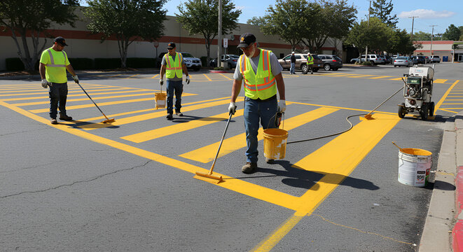 Road Marking Workers Painting Yellow Lines
