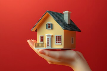 Hand holding a realistic 3D model house with a vibrant red background creating a striking visual impact and showcasing fine details