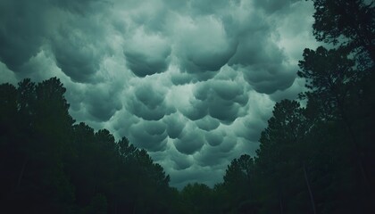 Dense, ominous clouds gathering over a dark forest.
