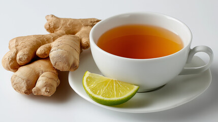 Cup of hot ginger tea with fresh ginger root, lime, and lemongrass on white background. Herbal drink 