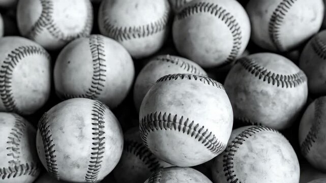 Heap of used baseballs with dirt and scuffs filling the frame in monochrome