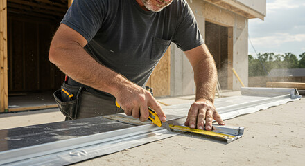 Roofer Cutting Roofing Material on Construction Site
